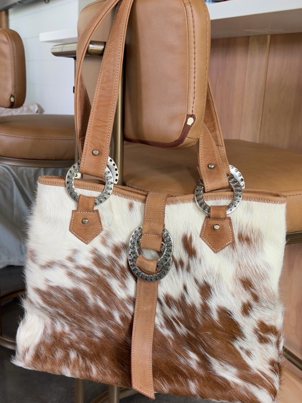 Tribu Leather & Cowhide Tote Bag in Brown/White - Stylish Shoulder Bag